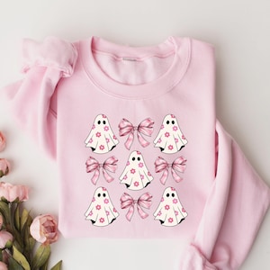 Cute Girly Ghost Blowing Bubble Sweatshirt, Coquette Pink Bow Ghost Shirts,Ghost Graphic Tee, Girly Halloween Shirt, Pink Spooky Vibes Shirt