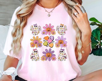 Cute Floral Ghost Girly Halloween Shirt, Spooky Vibes for Girls, Flower Halloween Shirt,Cute Ghost Shirt, Retro Fall Shirt,Retro Ghost Shirt