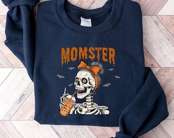 Momster Halloween Sweatshirt, Halloween Mama Shirt, Momster Skeleton Mom Halloween,Halloween Crewneck,Halloween Mom Sweater,Gift for Mothers
