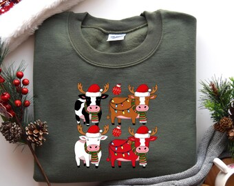 Felpa natalizia con mucca, maglietta natalizia con animali da fattoria, regalo per amanti delle mucche, maglione natalizio con mucca, girocollo natalizio, maglietta natalizia da donna, maglietta con mucca