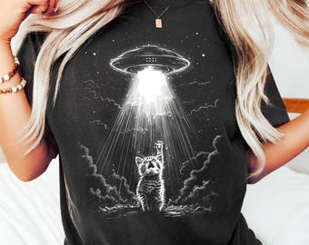 Camiseta de gato extraterrestre, divertida camiseta con gráfico de gatito espacial, camiseta de gato con abducción ovni, regalo de ciencia ficción para amantes de los gatos, camiseta de galaxia cósmica, divertida camiseta de extraterrestre