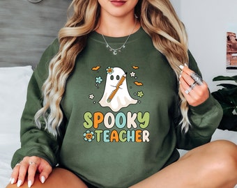 Spooky Teacher Sweatshirt, Teacher Halloween Shirt, Retro Halloween Teacher Shirt, Ghost Teacher Pumpkin Shirt, Halloween Gift For Teacher