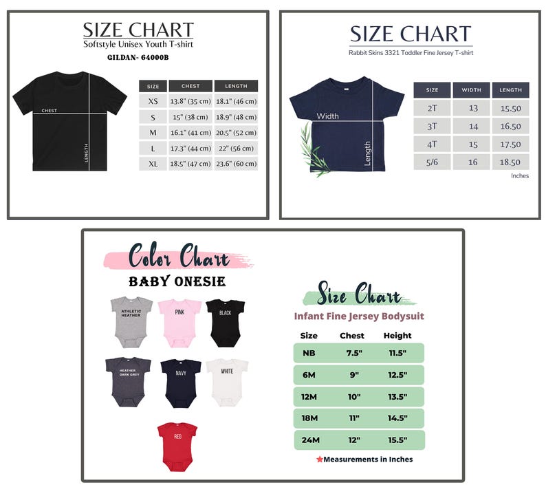 May include: Size chart for youth t-shirts, toddler t-shirts, and infant bodysuits. The chart includes sizes, chest measurements, and lengths in inches. The color chart shows different colors for baby onesies.