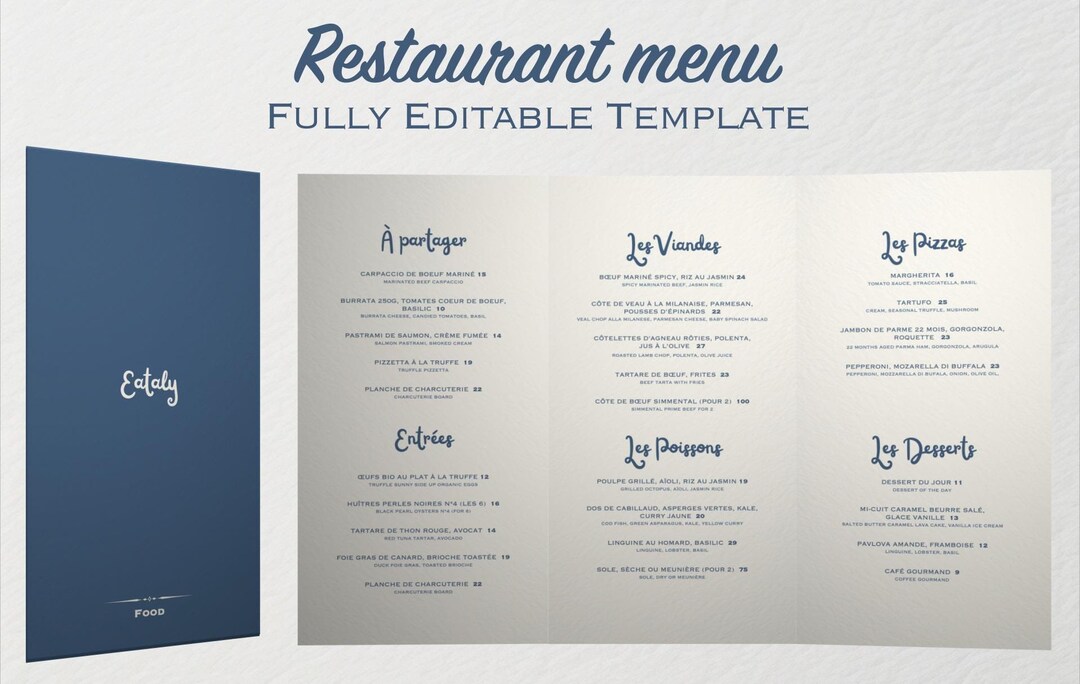 Editable Chic and Clean Restaurant Menu Template - Etsy