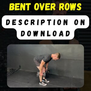 Può includere: Immagine di una persona che esegue remate con manubri. Il testo "BENT OVER ROWS" è in alto in giallo e "DESCRIPTION ON DOWNLOAD" in un riquadro bianco. La persona indossa una maglietta nera e pantaloncini, e scarpe da ginnastica bianche e nere.