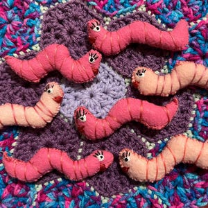 Può includere: Vermi in feltro fatti a mano nei toni del rosa e pesca, con dettagli cuciti, disposti su una colorata coperta all'uncinetto. I vermi hanno piccoli occhi ricamati e sono un oggetto artigianale stravagante.