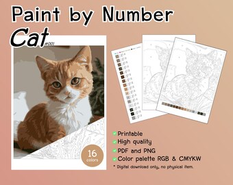 以下が含まれることがあります： 猫をテーマにした数字でペイントするキット。オレンジ、茶色、白の色合いで完成した猫の肖像画が、カラーパレットと詳細なアウトラインとともに表示されています。デジタルダウンロードです。