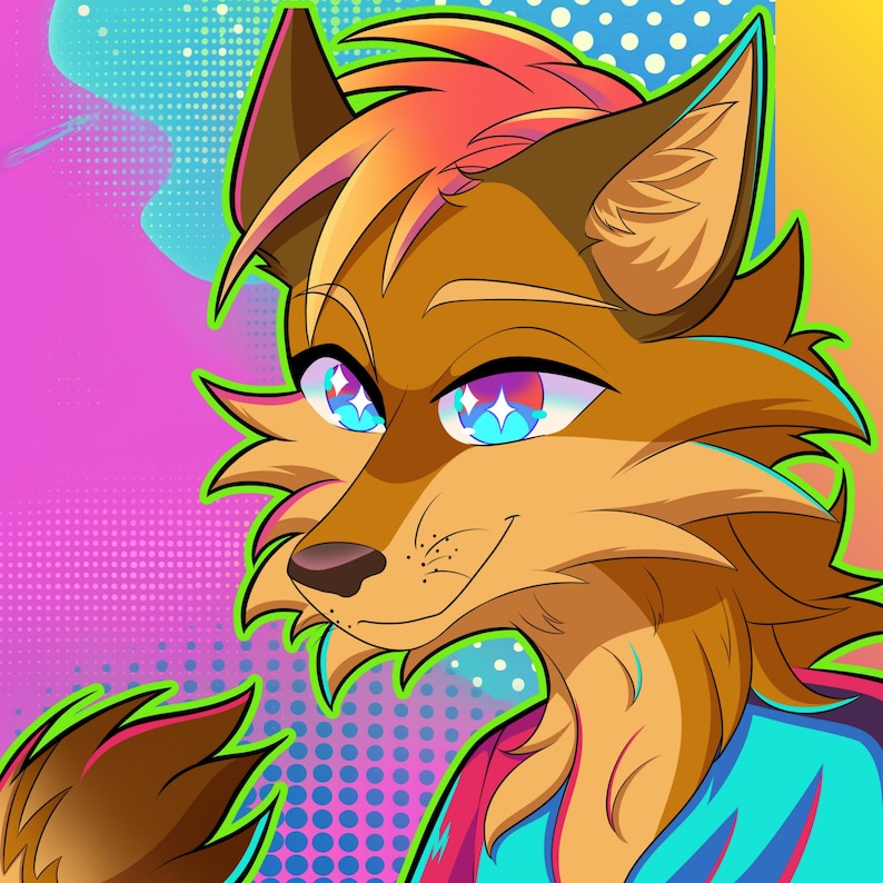 Vibrant and eye-catching furry art commission promotional image featuring a colorful digital illustration in a bold cartoon style. The artwork showcases detailed shading, smooth gradients, and bright neon tones with a dynamic circular background. Perfect for advertising custom furry art, digital character design, or personalized illustration commissions for fans of vibrant anthro art styles.