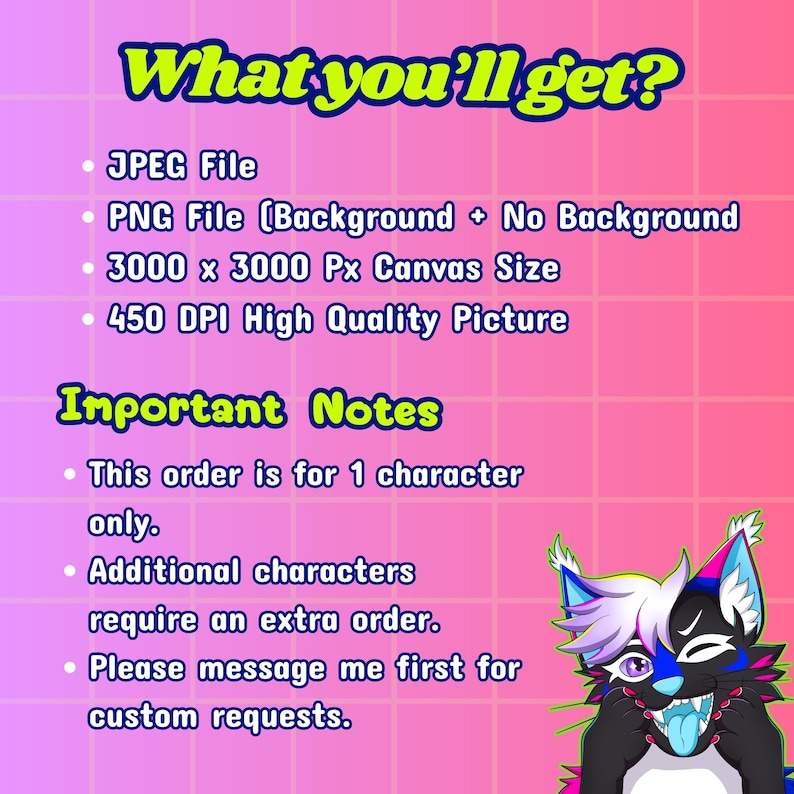 Vibrant and eye-catching furry art commission promotional image featuring a colorful digital illustration in a bold cartoon style. The artwork showcases detailed shading, smooth gradients, and bright neon tones with a dynamic circular background. Perfect for advertising custom furry art, digital character design, or personalized illustration commissions for fans of vibrant anthro art styles.