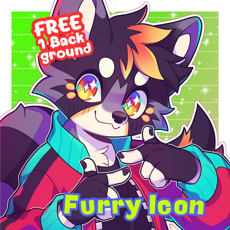 May include: A digital illustration of a raccoon-like character with colorful eyes and a jacket. The image includes the text "FREE 1 Background" and "Furry Icon" in a cartoon style, set against a green background with white sparkles.