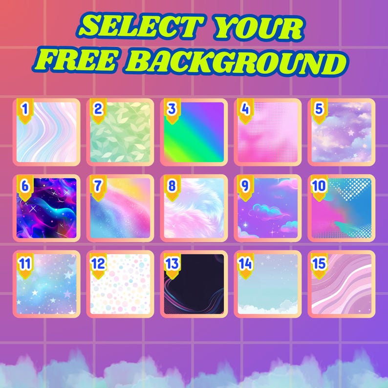 May include: A graphic with the text "SELECT YOUR FREE BACKGROUND" above 15 numbered background options. The backgrounds feature various designs, including swirls, leaves, gradients, and celestial themes.