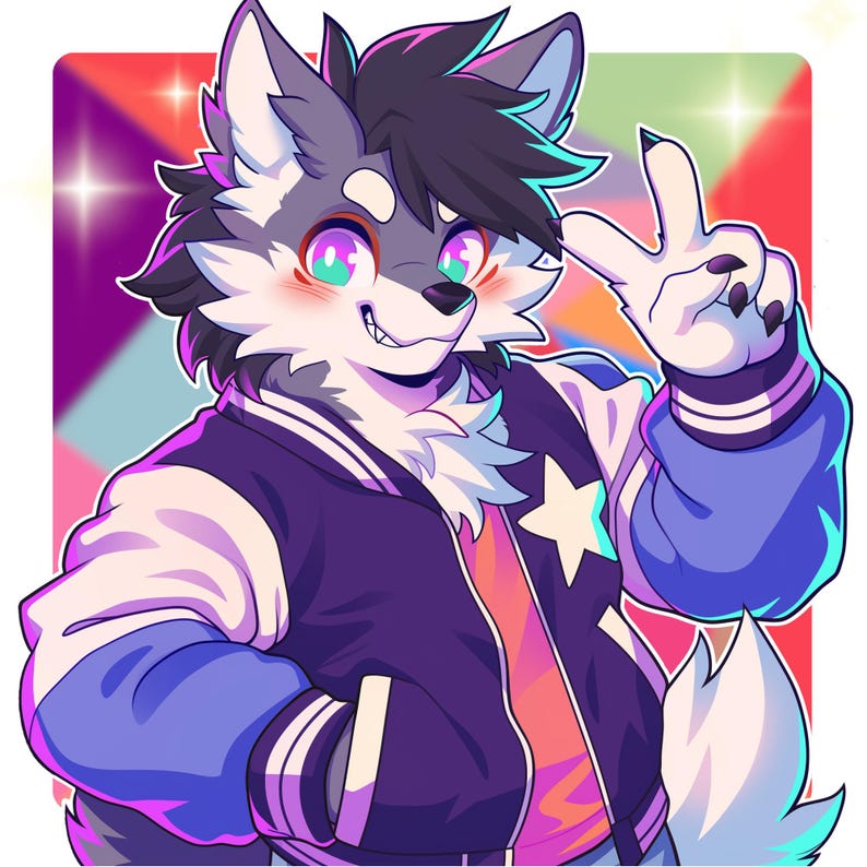 Vibrant and eye-catching furry art commission promotional image featuring a colorful digital illustration in a bold cartoon style. The artwork showcases detailed shading, smooth gradients, and bright neon tones with a dynamic circular background. Perfect for advertising custom furry art, digital character design, or personalized illustration commissions for fans of vibrant anthro art styles.