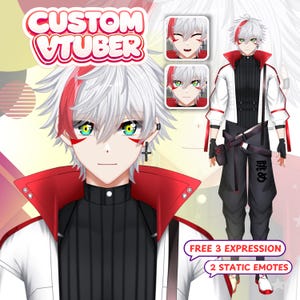 May include: Digital illustration of a custom VTuber character with white hair, red highlights, and green eyes. The character wears a white jacket with red accents and black trousers. The image includes the text "CUSTOM VTUBER" and information about free expressions and static emotes.