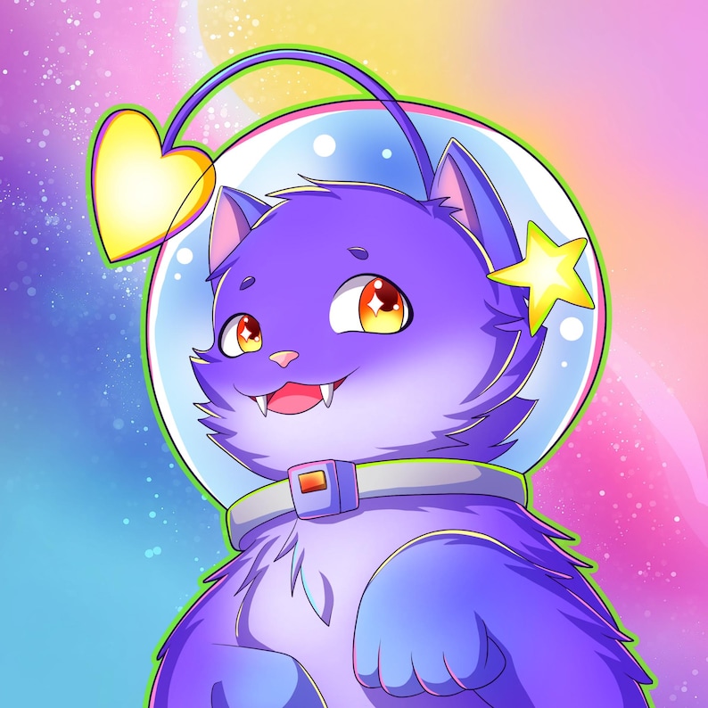 Vibrant and eye-catching furry art commission promotional image featuring a colorful digital illustration in a bold cartoon style. The artwork showcases detailed shading, smooth gradients, and bright neon tones with a dynamic circular background. Perfect for advertising custom furry art, digital character design, or personalized illustration commissions for fans of vibrant anthro art styles.