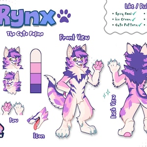 Puede incluir: Una hoja de referencia de personaje digital para el felino Rynx, con vistas frontal y trasera, expresiones faciales, detalles de patas y un icono. El personaje tiene pelaje morado y rosa con rayas, almohadillas de color rosa claro y garras azules.