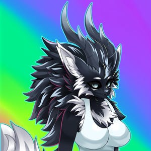 Vibrant and eye-catching furry art commission promotional image featuring a colorful digital illustration in a bold cartoon style. The artwork showcases detailed shading, smooth gradients, and bright neon tones with a dynamic circular background. Perfect for advertising custom furry art, digital character design, or personalized illustration commissions for fans of vibrant anthro art styles.