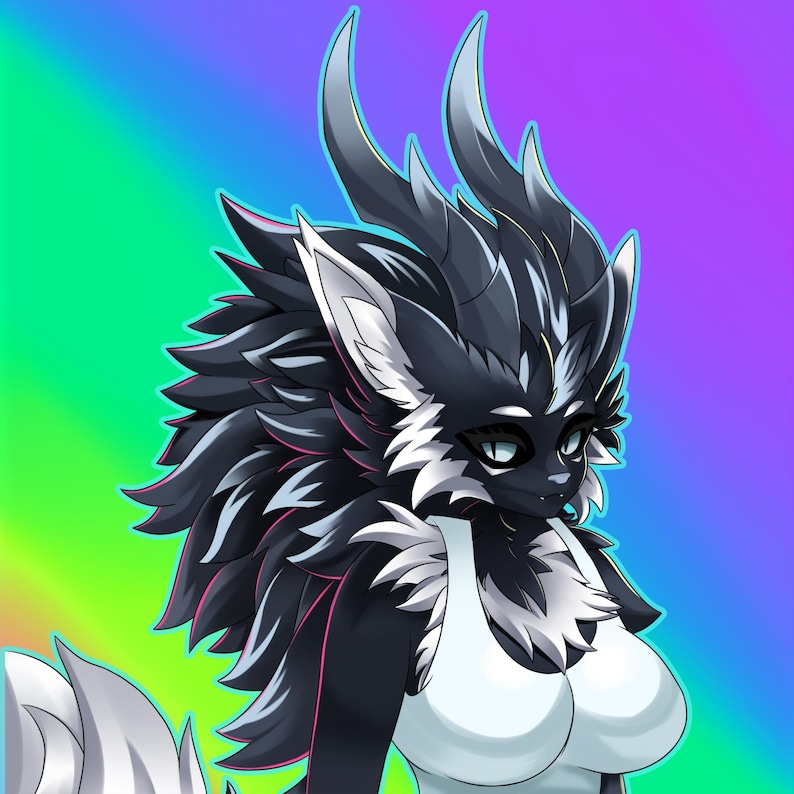 Vibrant and eye-catching furry art commission promotional image featuring a colorful digital illustration in a bold cartoon style. The artwork showcases detailed shading, smooth gradients, and bright neon tones with a dynamic circular background. Perfect for advertising custom furry art, digital character design, or personalized illustration commissions for fans of vibrant anthro art styles.