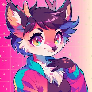 Vibrant and eye-catching furry art commission promotional image featuring a colorful digital illustration in a bold cartoon style. The artwork showcases detailed shading, smooth gradients, and bright neon tones with a dynamic circular background. Perfect for advertising custom furry art, digital character design, or personalized illustration commissions for fans of vibrant anthro art styles.