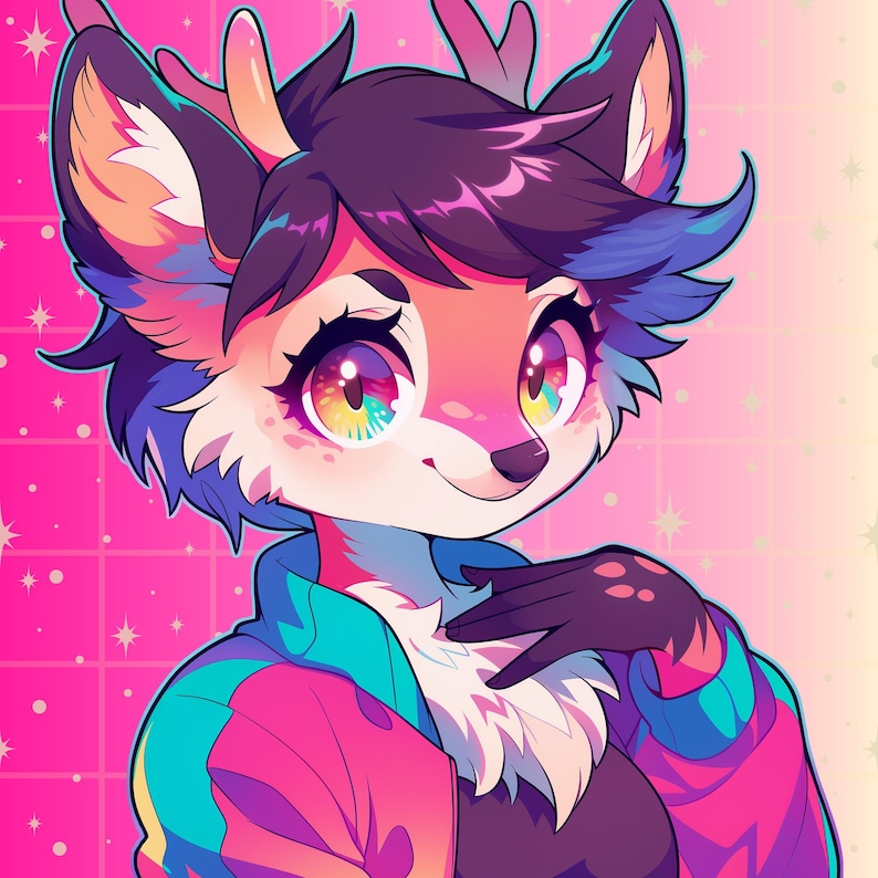Vibrant and eye-catching furry art commission promotional image featuring a colorful digital illustration in a bold cartoon style. The artwork showcases detailed shading, smooth gradients, and bright neon tones with a dynamic circular background. Perfect for advertising custom furry art, digital character design, or personalized illustration commissions for fans of vibrant anthro art styles.