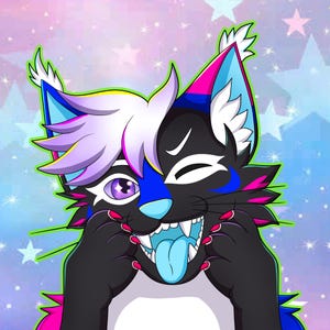 Vibrant and eye-catching furry art commission promotional image featuring a colorful digital illustration in a bold cartoon style. The artwork showcases detailed shading, smooth gradients, and bright neon tones with a dynamic circular background. Perfect for advertising custom furry art, digital character design, or personalized illustration commissions for fans of vibrant anthro art styles.