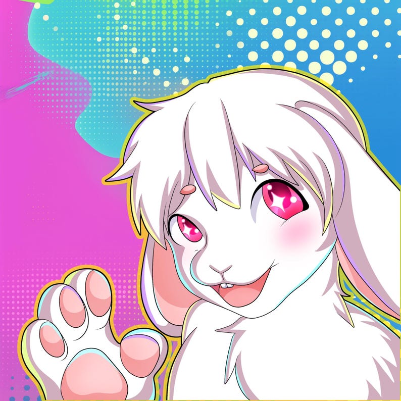 Vibrant and eye-catching furry art commission promotional image featuring a colorful digital illustration in a bold cartoon style. The artwork showcases detailed shading, smooth gradients, and bright neon tones with a dynamic circular background. Perfect for advertising custom furry art, digital character design, or personalized illustration commissions for fans of vibrant anthro art styles.