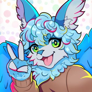 Vibrant and eye-catching furry art commission promotional image featuring a colorful digital illustration in a bold cartoon style. The artwork showcases detailed shading, smooth gradients, and bright neon tones with a dynamic circular background. Perfect for advertising custom furry art, digital character design, or personalized illustration commissions for fans of vibrant anthro art styles.