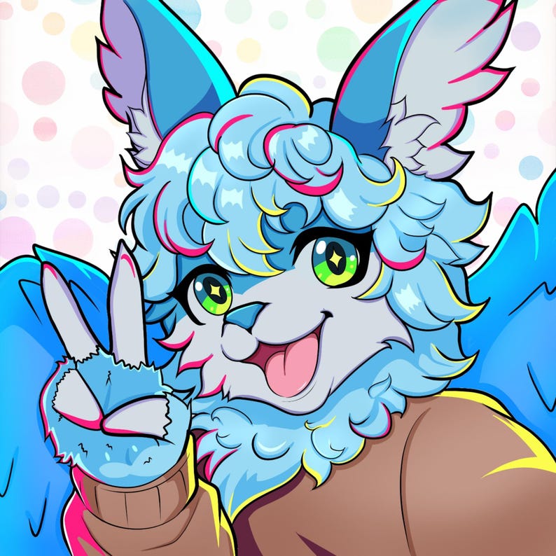 Vibrant and eye-catching furry art commission promotional image featuring a colorful digital illustration in a bold cartoon style. The artwork showcases detailed shading, smooth gradients, and bright neon tones with a dynamic circular background. Perfect for advertising custom furry art, digital character design, or personalized illustration commissions for fans of vibrant anthro art styles.