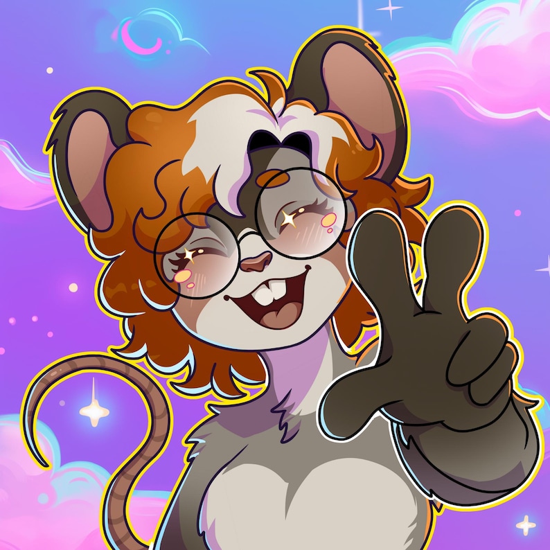 Vibrant and eye-catching furry art commission promotional image featuring a colorful digital illustration in a bold cartoon style. The artwork showcases detailed shading, smooth gradients, and bright neon tones with a dynamic circular background. Perfect for advertising custom furry art, digital character design, or personalized illustration commissions for fans of vibrant anthro art styles.