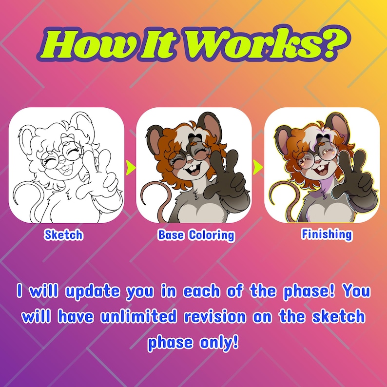Vibrant and eye-catching furry art commission promotional image featuring a colorful digital illustration in a bold cartoon style. The artwork showcases detailed shading, smooth gradients, and bright neon tones with a dynamic circular background. Perfect for advertising custom furry art, digital character design, or personalized illustration commissions for fans of vibrant anthro art styles.