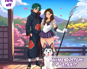 Couple Custom Anime Portrait, Personalized Family Shinobi Character Drawing