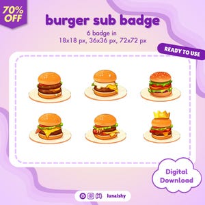 Burger Twitch Sub Badges, Bit badges, Subscribers Badge, Sub Badge, Badges, Twitch, Discord, Stream, Pastel, Cute, Kawaii, Channel Point