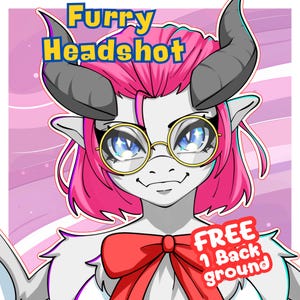 May include: A digital illustration of a furry character with pink hair, gray horns, and gold-rimmed glasses. The character has a red bow tie and the text "Furry Headshot" and "FREE 1 Back ground" are displayed.