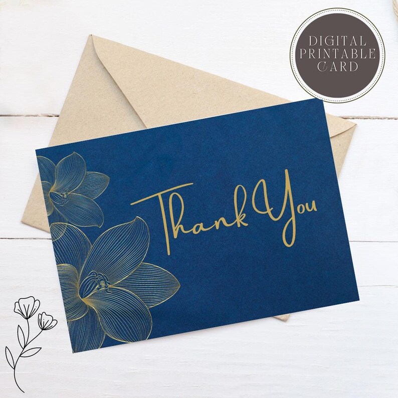 Gold Floral Thank You Card Printable Digital Greeting Card - Etsy