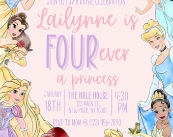 Pode incluir: Um convite com tema de princesa com ilustrações de várias princesas. O convite diz "Lailynne is FOURever a princess" com detalhes do evento: data, hora e local: The Hale House, Nova York.