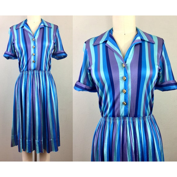 Vintage 40s Blue Striped Dress Slinky Jersey 1940s