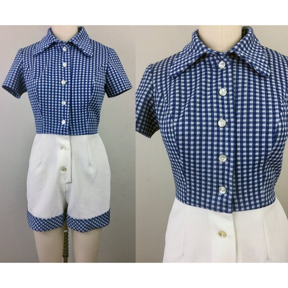 Vintage 60s 70s Gingham Playsuit Romper Jumpsuit B
