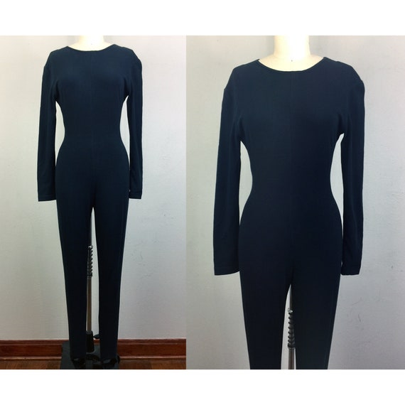 Vintage 80s Black Jumpsuit Stirrup Catsuit Unitard