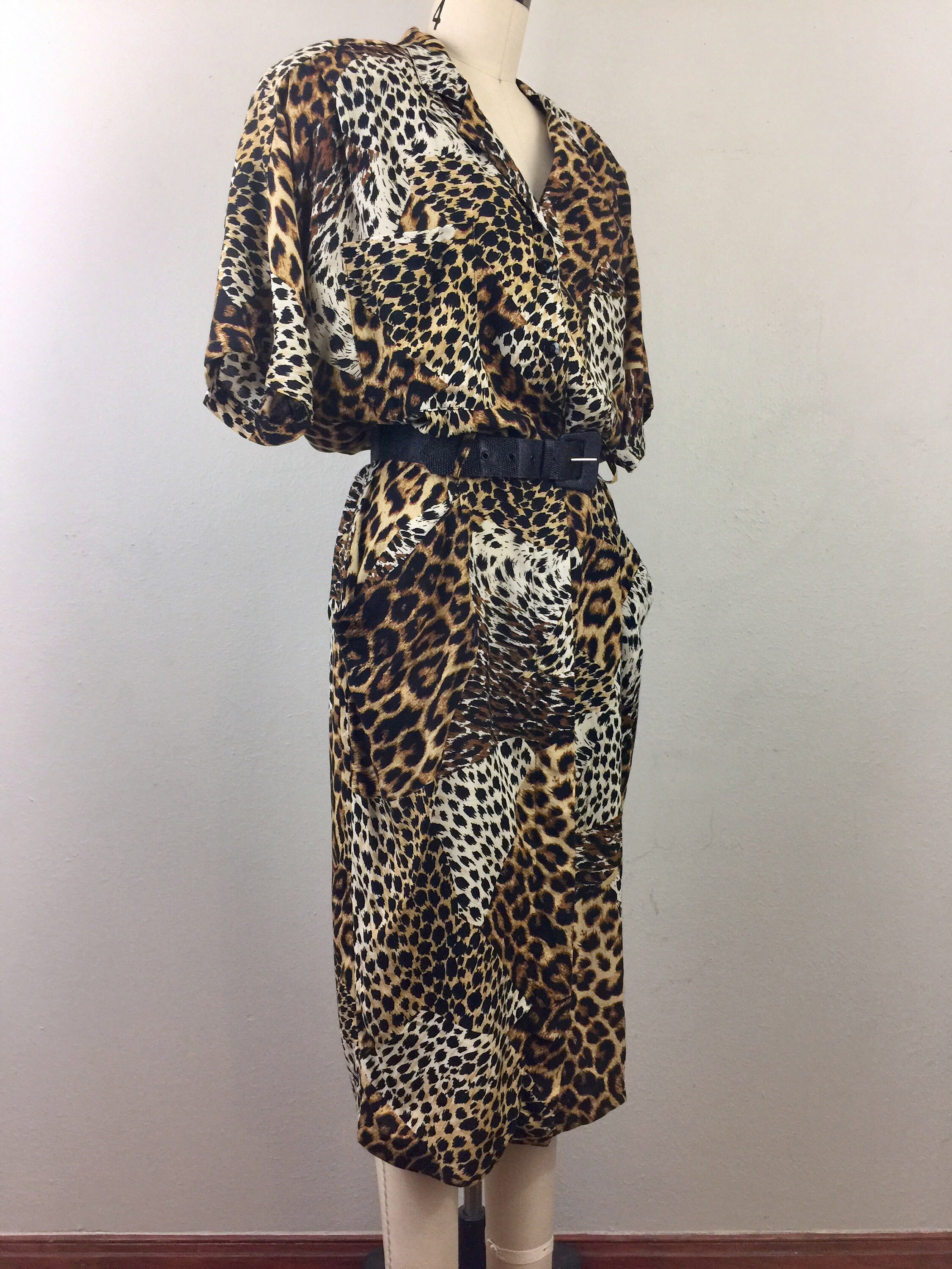 Vintage 80s Leopard Print Dress w/ Belt Rayon Button Down L | Etsy