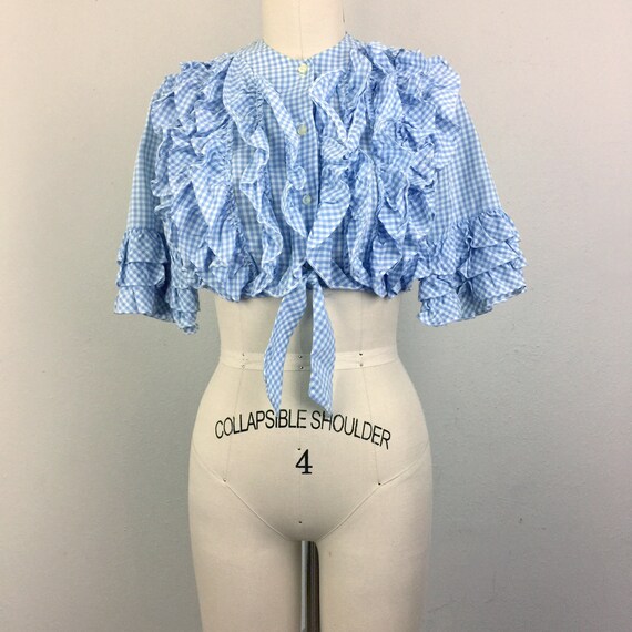 Vintage 60s Cropped Blouse TUXEDO RUFFLE Blue Ging