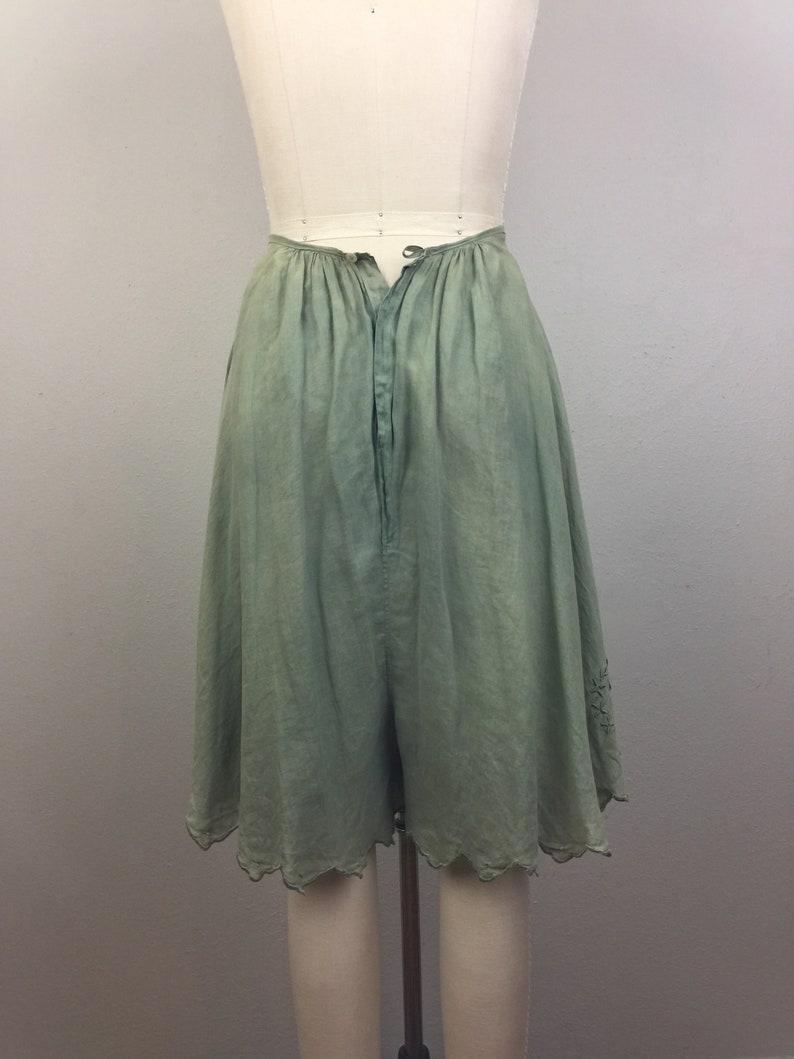 Vintage VICTORIAN Antique Shorts Bloomers Undergarment Cotton Embroidered Eyelet Sage Green