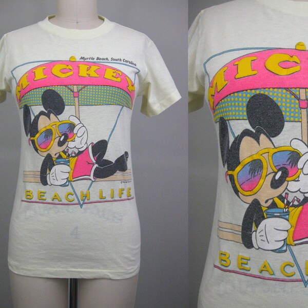 Vintage 80s MICKEY MOUSE Tshirt Beach Life Pastel Yellow// Myrtle Beach South Carolina T Shirt Puffy Letters // S