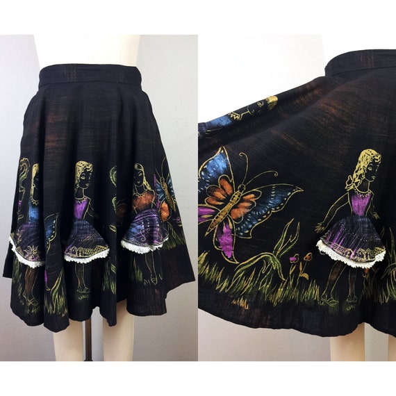 Vintage 1950s Black Hand Painted Mexican Circle Sk