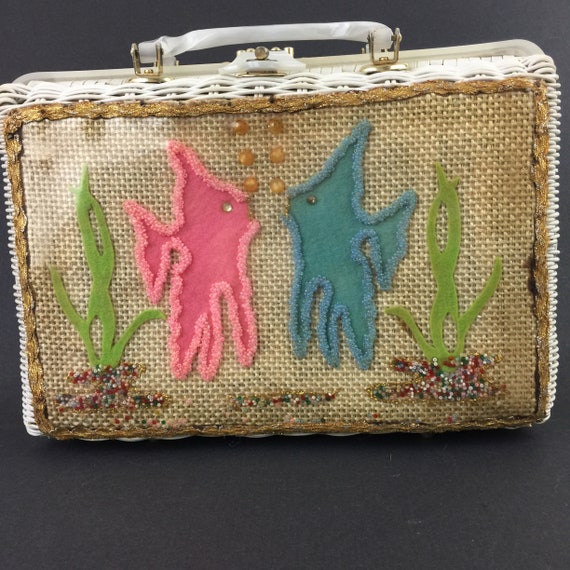 Vintage 50s 60s Novelty Fish Purse White Wicker Lu