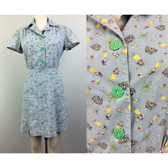 Vintage 40s Dress Novelty Print Hawaiian Hula Girl