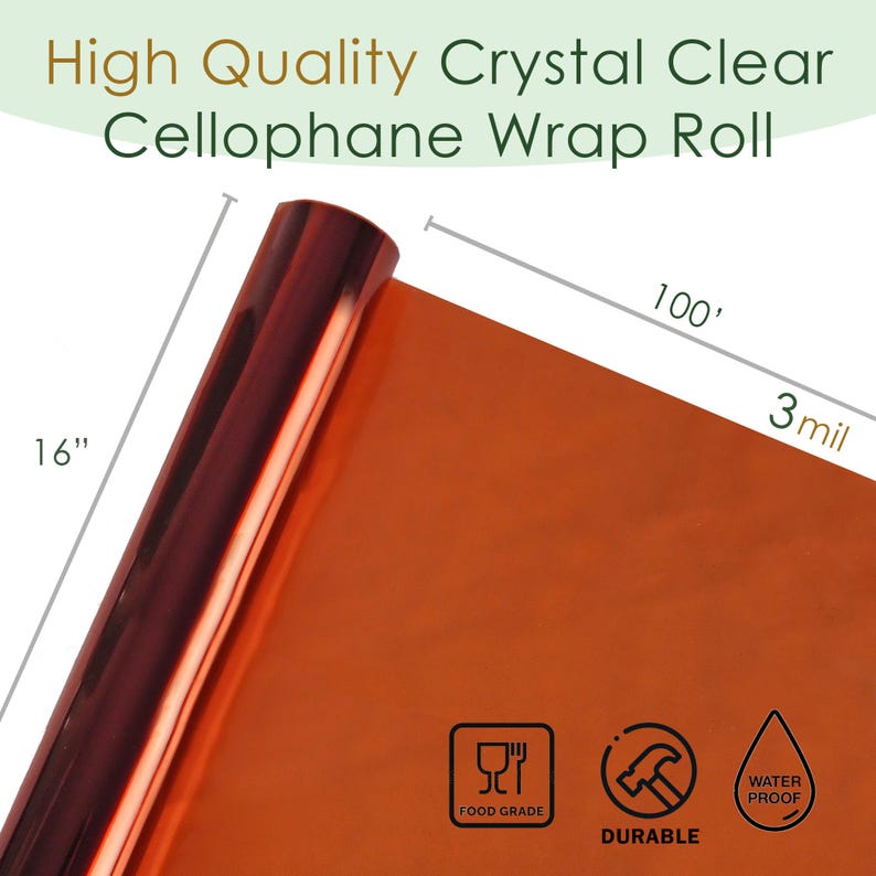 May include: A roll of 100 foot long, 3 mil thick, crystal clear cellophane wrap. The cellophane is food grade, water proof, and durable. It is 16 inches wide.