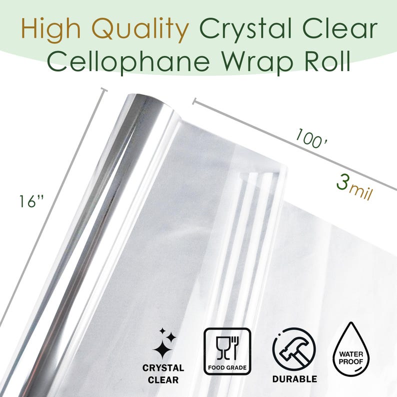 May include: A roll of clear cellophane wrap, 100 feet long and 3 mil thick. The cellophane is food grade, durable, and water-proof. It is crystal clear and perfect for wrapping gifts or food.