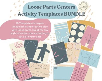May include: A set of 18 printable activity templates for loose parts centers. The templates feature a variety of colorful designs, including geometric patterns, a butterfly, a person, and a plant. The text "Loose Parts Centers Activity Templates Bundle" is at the top of the image.
