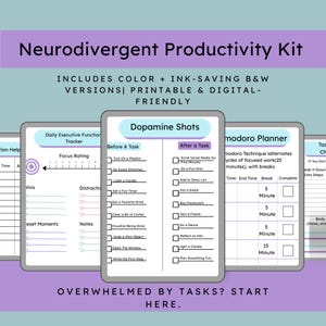 Peut inclure: Un kit de productivité Neurodivergent numérique avec des versions imprimables et numériques. Comprend un suivi quotidien des fonctions exécutives, une liste de contrôle Dopamine Shots et un planificateur Pomodoro. Le kit est conçu pour gérer les tâches.