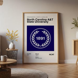 Póster vintage de la Universidad Estatal A&T de Carolina del Norte (HBCU) con impresión de lienzo, regalo para exalumnos de la NCAA