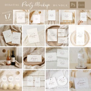 Könnte beinhalten: Ein digitales Party-Mockup-Bundle mit 17 Artikeln, darunter Karten und Etiketten, mit dem Text "Your Design Here". Das Bild zeigt verschiedene Mockups, wie z. B. gerahmte Drucke, Staffelei-Displays und Produktetiketten, alle in einer neutralen Farbpalette.